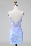 Sparkly Lilac Blue Bodycon Spaghetti Straps Corset Short Homecoming Dress with Sequins