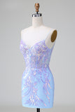 Sparkly Lilac Blue Bodycon Spaghetti Straps Corset Short Homecoming Dress with Sequins