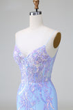 Sparkly Lilac Blue Bodycon Spaghetti Straps Corset Short Homecoming Dress with Sequins