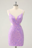 Glitter Purple Bodycon Lace Up Back Short Homecoming Dress with Sequins