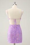 Glitter Purple Bodycon Lace Up Back Short Homecoming Dress with Sequins