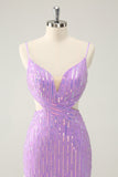 Glitter Purple Bodycon Lace Up Back Short Homecoming Dress with Sequins