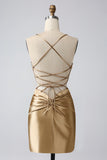 Golden Bodycon Spaghetti Straps Lace-up Back Short Homecoming Dress