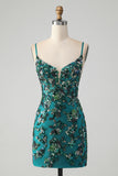 Sparkly Dark Green Bodycon Spaghetti Straps Short Homecoming Dress with Beading