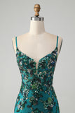 Sparkly Dark Green Bodycon Spaghetti Straps Short Homecoming Dress with Beading