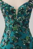 Sparkly Dark Green Bodycon Spaghetti Straps Short Homecoming Dress with Beading