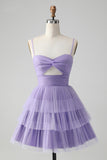 Cute Purple A Line Spaghetti Straps Short Tiered Homecoming Dress with Hollow Out