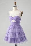 Cute Purple A Line Spaghetti Straps Short Tiered Homecoming Dress with Hollow Out