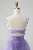 Cute Purple A Line Spaghetti Straps Short Tiered Homecoming Dress with Hollow Out