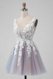 Grey Pink A Line Spaghetti Straps Flowers Short Homecoming Dress with Pearl