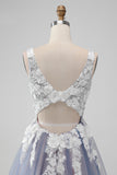 Grey Pink A Line Spaghetti Straps Flowers Short Homecoming Dress with Pearl