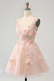 Cute Blush A Line V Neck Sequin Corset Short Homecoming Dress with Appliques