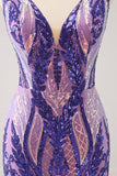 Sparkly Dark Purple Bodycon V Neck Backless Short Homecoming Dress with Sequins