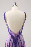 Sparkly Dark Purple Bodycon V Neck Backless Short Homecoming Dress with Sequins