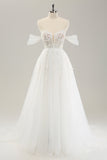 Princess White A-Line Off The Shoulder Corset Wedding Dress with Appliques Lace