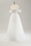 Princess White A-Line Off The Shoulder Corset Wedding Dress with Appliques Lace