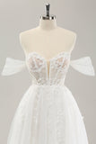 Princess White A-Line Off The Shoulder Corset Wedding Dress with Appliques Lace