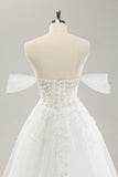 Princess White A-Line Off The Shoulder Corset Wedding Dress with Appliques Lace