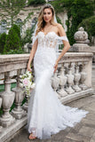 Sparkly Mermaid Off The Shoulder Corset Sequin Wedding Dress with Appliques