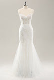 White Mermaid Corset Lace Up Back Wedding Dress with Appliques Lace