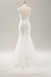 White Mermaid Corset Lace Up Back Wedding Dress with Appliques Lace