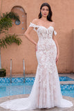 Elegant Mermaid Off The Shoulder Corset Sequin White Wedding Dress with Appliques Lace