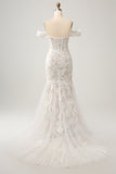 Elegant Mermaid Off The Shoulder Corset Sequin White Wedding Dress with Appliques Lace