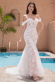 Elegant Mermaid Off The Shoulder Corset Sequin White Wedding Dress with Appliques Lace