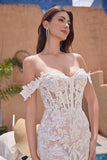 Elegant Mermaid Off The Shoulder Corset Sequin White Wedding Dress with Appliques Lace