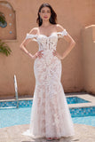 Elegant Mermaid Off The Shoulder Corset Sequin White Wedding Dress with Appliques Lace