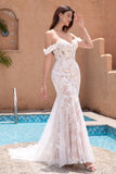 Elegant Mermaid Off The Shoulder Corset Sequin White Wedding Dress with Appliques Lace