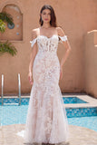 Elegant Mermaid Off The Shoulder Corset Sequin White Wedding Dress with Appliques Lace