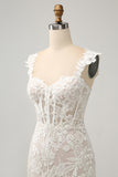 White Mermaid Off The Shoulder Corset Sequin Wedding Dress with Appliques Lace