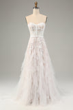 White A-Line Sweetheart Corset Long Bridal Dress with Appliques Lace