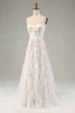 White A-Line Sweetheart Corset Long Bridal Dress with Appliques Lace