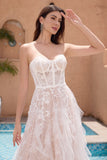 White A-Line Sweetheart Corset Long Bridal Dress with Appliques Lace