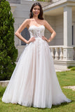 Sparkly White A-Line Sweetheart Sequin Corset Wedding Dress with Appliques Lace