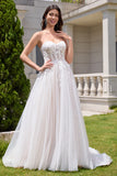 Sparkly White A-Line Sweetheart Sequin Corset Wedding Dress with Appliques Lace