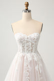 White A-Line Sweetheart Sparkly Sequin Corset Wedding Dress with Appliques Lace