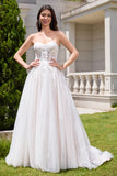 Sparkly White A-Line Sweetheart Sequin Corset Wedding Dress with Appliques Lace