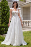 White A-Line Off The Shoulder Corset Long Wedding Dress with Appliques Lace