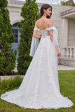 White A-Line Off The Shoulder Corset Long Wedding Dress with Appliques Lace