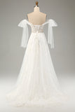 White A-Line Off The Shoulder Corset Wedding Dress with Appliques Lace