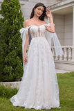 White A-Line Off The Shoulder Corset Wedding Dress with Appliques Lace