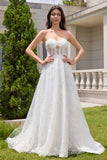 White A-Line Off The Shoulder Corset Long Wedding Dress with Appliques Lace