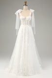 White A-Line Off The Shoulder Corset Wedding Dress with Appliques Lace