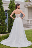 White A-Line Off The Shoulder Corset Long Wedding Dress with Appliques Lace