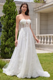 White A-Line Off The Shoulder Corset Long Wedding Dress with Appliques Lace