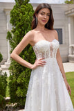 White A-Line Off The Shoulder Corset Long Wedding Dress with Appliques Lace