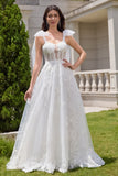 White A-Line Off The Shoulder Corset Long Wedding Dress with Appliques Lace